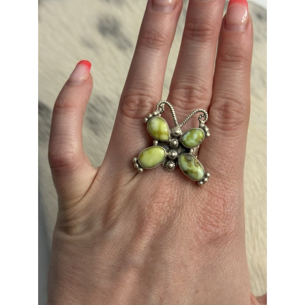 Sterling Silver Multi-stone Green Palomino Turquoise Butterfly Ring Adjustable